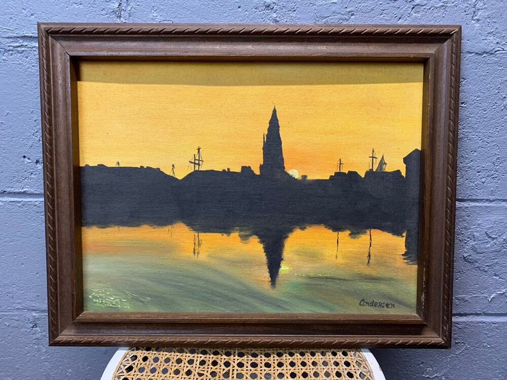 Vtg Cityscape Painting Port City Water Ships Skyline Shadows Spooky Dark Night